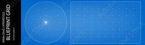 Drawing blueprint bg with circular compass, linear meter paper vector. Round grid and lined paper mesh, textured radar print. Architectural plan abstract gauge, mathematical degree blueprint template