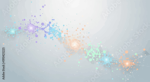 Abstract colorful swirls and particles emanate outwards on a light grey background