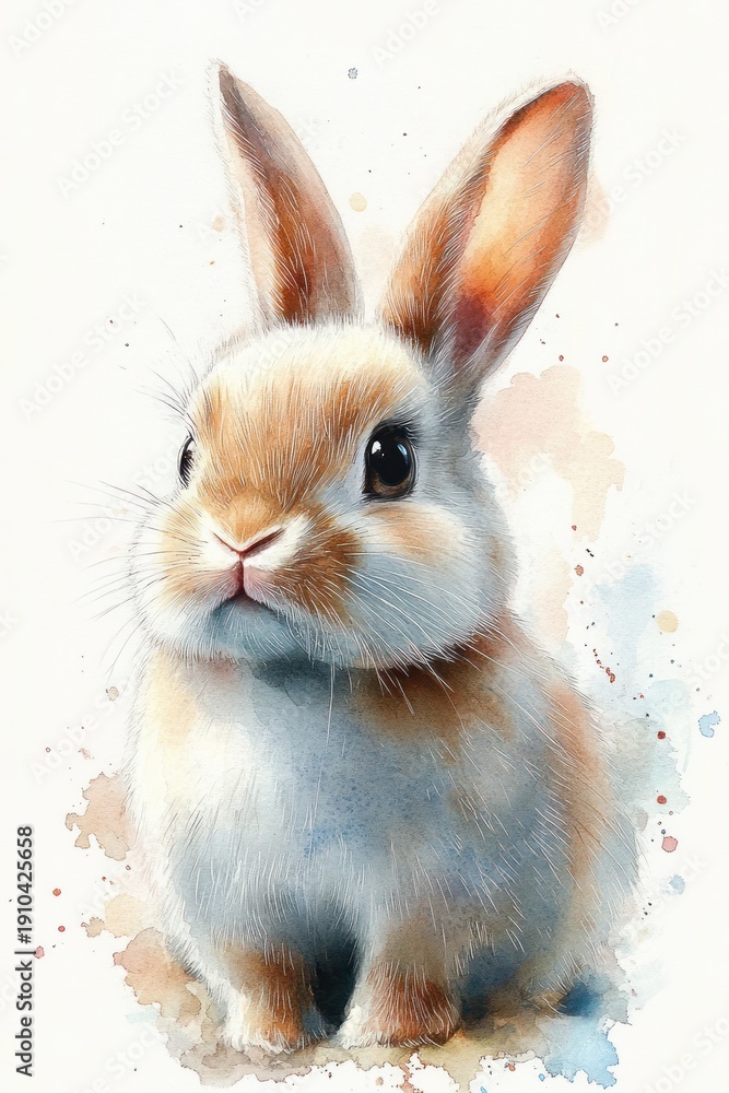 Obraz premium Adorable watercolor baby rabbit with soft brown-and-white fur, big dark eyes and curious gentle expression, sitting against a light splattered paint background