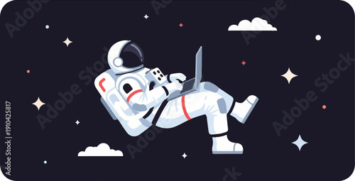 Astronaut working on laptop while floating in starry, cloudy, dark space
