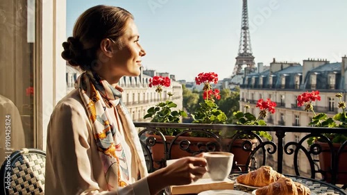 A woman on a balcony in a European city, reading a book, with coffee, pastries, and a view