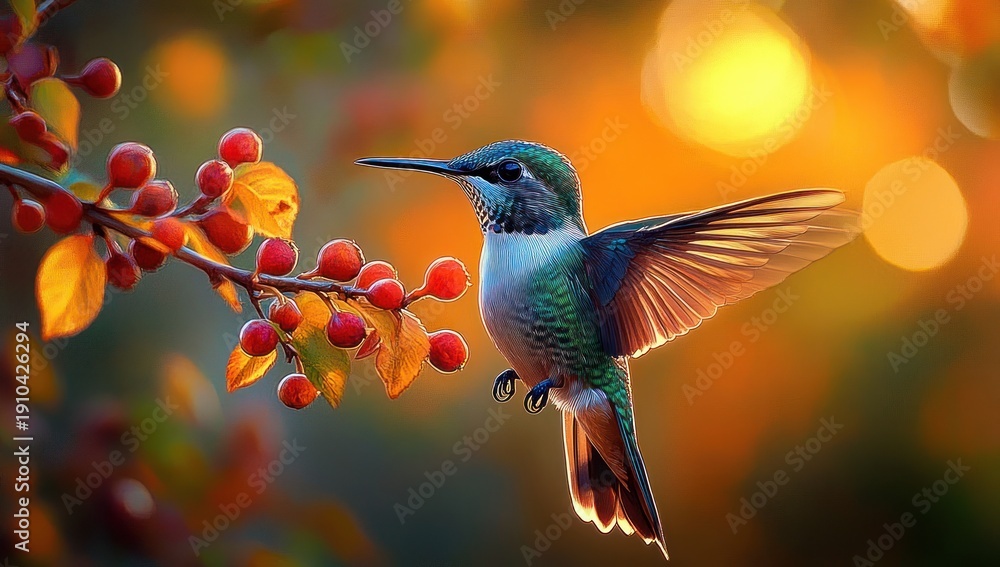 Fototapeta premium Iridescent hummingbird hovering beside a berry-laden branch at golden sunset, wings outstretched with warm glowing bokeh evoking peaceful wonder