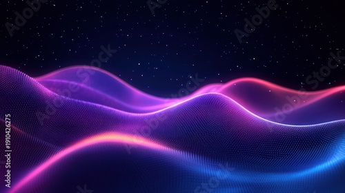 Dreamy neon particle waves undulating across a glowing purple, pink and blue digital landscape beneath a starry night sky, evoking calm futuristic wonder