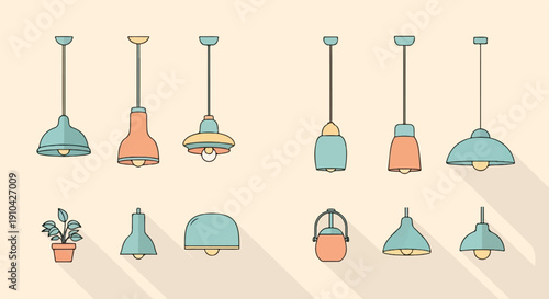 Assortment of stylized, flat design pendant lamps and a potted plant
