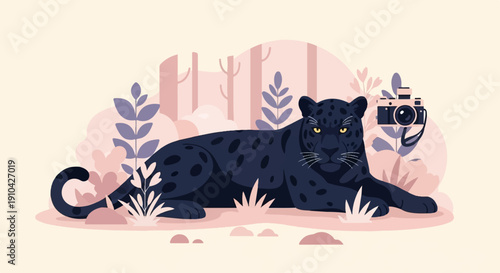 Black panther rests in a stylized pink and purple forest with a camera nearby