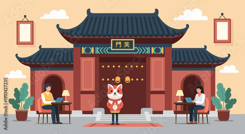Animated characters work outside traditional building with animal mascot