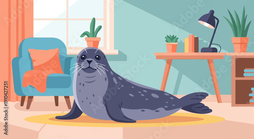 Adorable seal relaxes on a rug in a cozy room with a chair and desk