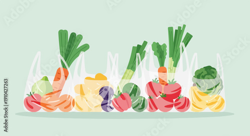 Assortment of fresh produce in clear plastic grocery bags on a light background
