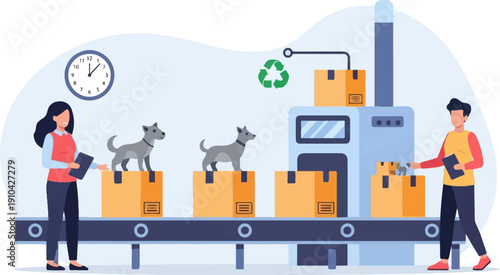 Animated factory line with humans, dogs, and boxes on a conveyor belt