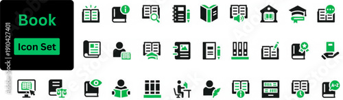 Silhouette vector of Book icon set. Icons of library, read, author, journal, reading, bookshelf, magazine, e-book and more. Solid icons set. 