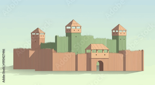 Ancient wooden fort with tall towers and protective palisade walls