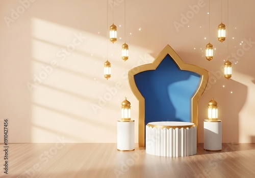 Festive Islamic Ramadan stage with decorative lanterns, star arch, and empty podium, soft light