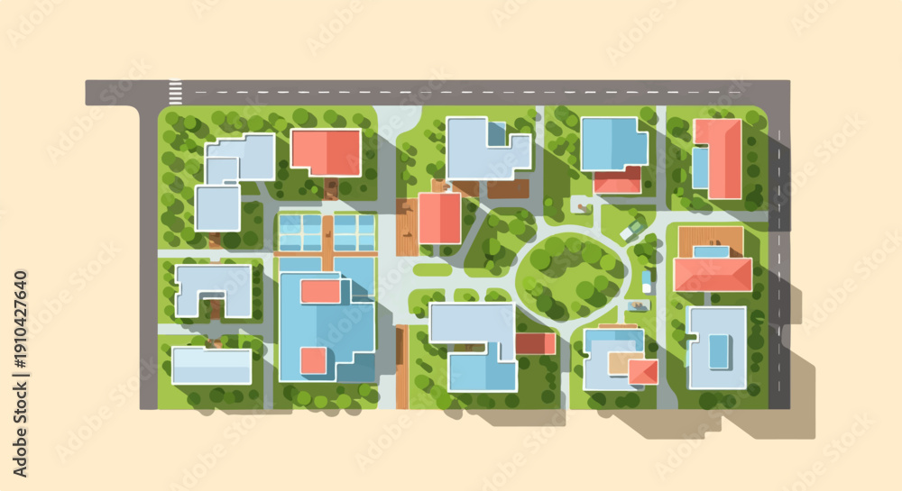 Fototapeta premium Aerial view of a residential complex with buildings, roads, and green spaces