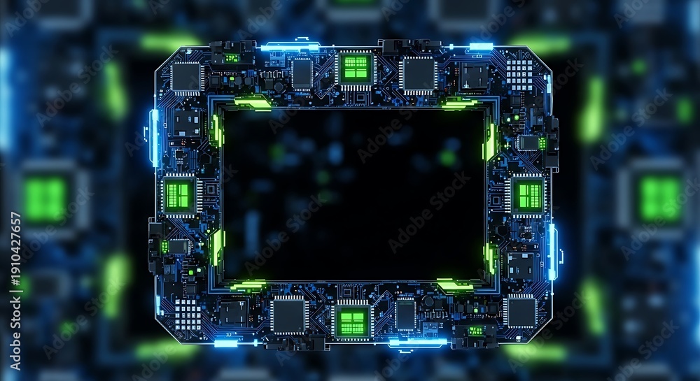 Fototapeta premium Abstract glowing circuit frame with neon lights