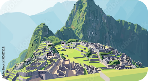 Ancient stone ruins nestled on a green mountain slope under a hazy sky