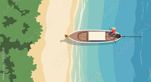Aerial view of a person rowing a boat along a sandy beach with lush green trees