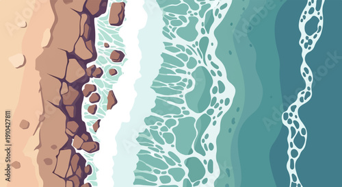 Aerial view of ocean waves crashing onto a rocky, sandy shore