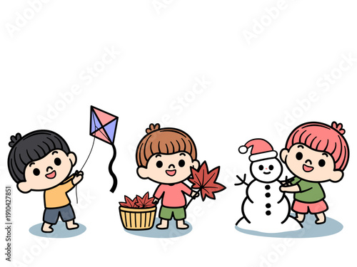 Cute cartoon kids playing seasonal activity, flying kite, collecting autumn leaves and building snowman, flat vector illustration perfect for children’s books, education materials, and playful designs