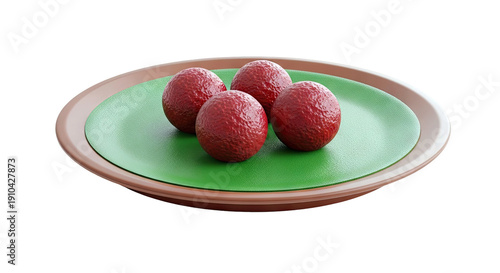 Four Red Spheres on a Green Surface within a Brown Plate