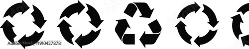 Black recycling symbols and circular arrow icons representing environmental sustainability waste management ecological conservation green energy business circular economy and plastic reuse reduction