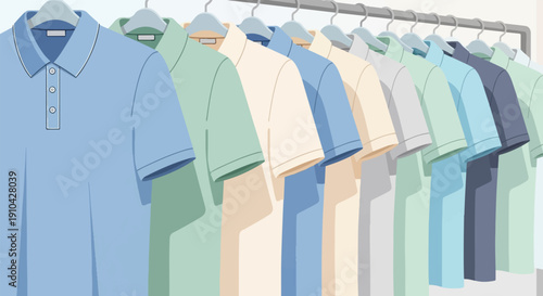 Assorted polo shirts hang neatly on a clothes rack, showcasing variety