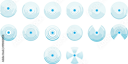 Blue Sonar Wave Icons and Radio Signal Radar Symbols with Concentric Circle Ripples for Wireless Network Communication Connectivity Audio Vibration and Digital Frequency Navigation