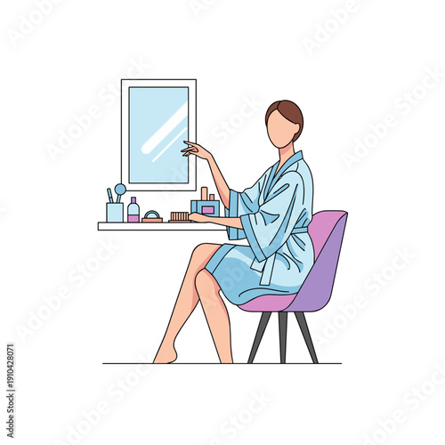 Woman applying makeup while sitting at dressing table in blue robe  
