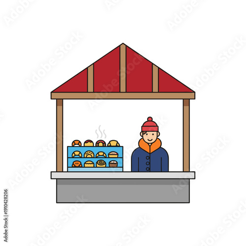 Man selling warm pastries at a food stall with a red roof  