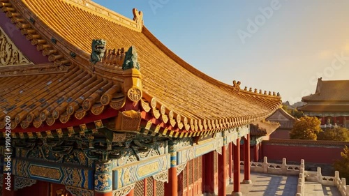 Scenic view of a golden rooftop of a traditional Chinese palace with beautiful ornate details under a clear sky and sunlight.
