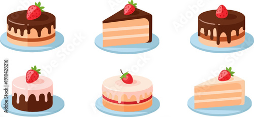 Assorted cakes and cake slices, each topped with a strawberry