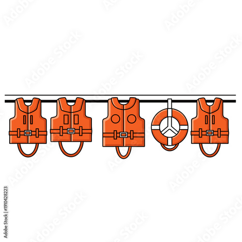 Life jackets and life buoy hanging on a rope in a row  