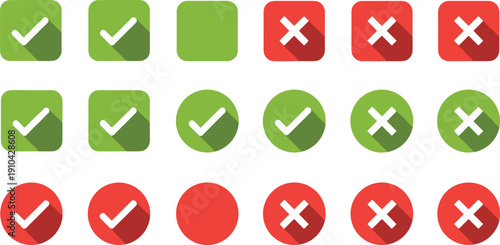 Comprehensive Set of Green Check Mark and Red Cross Icons in Flat Design with Long Shadows for Decision Making Approval Rejection and Status Validation