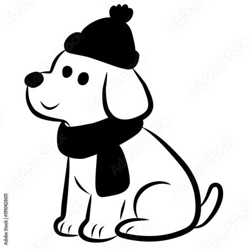 Cute Sitting Puppy in Minimal Line Art for Winter Theme Illustration