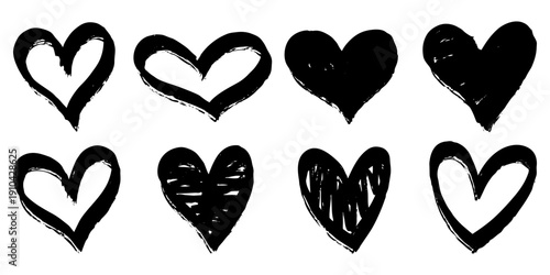 Hand Drawn Heart Vector Illustrations Set, Brush Stroke Grunge Hearts Pack