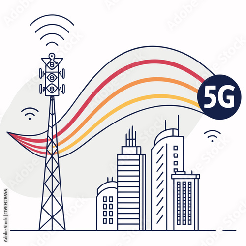 Abstract visualization of 5G technology with fast data waves, representing high-speed wireless communication and connectivity.
