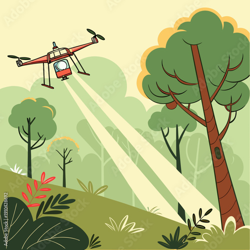 Eco-tech research drone surveying a lush green forest, symbolizing environmental monitoring and sustainable technology.