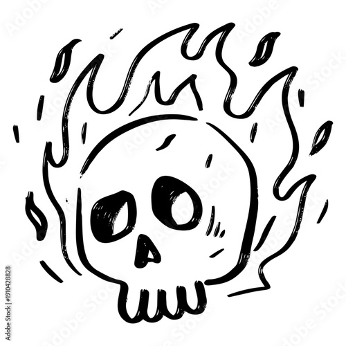 Hand Drawn Flaming Skull Doodle Illustration in Sketchy Style.