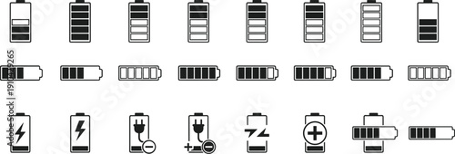 Large Vector Icon Set of Battery Life Status Indicators and Charging Power Symbols for Mobile App Interface Electronic Device Energy Levels and Technical Dashboard Design