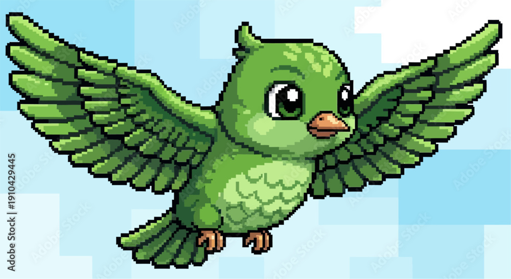 Obraz premium A cute pixel art green bird with big eyes and outstretched wings flying in a blue sky.