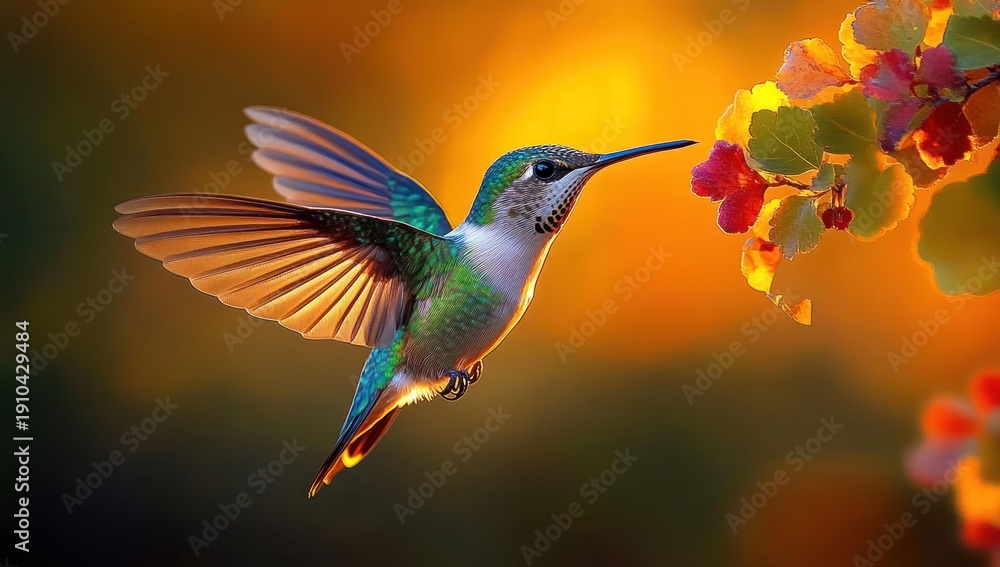Fototapeta premium Iridescent hummingbird hovering by colorful blossoms in warm golden light, serene and delicate moment
