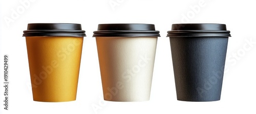 Wallpaper Mural Three disposable paper coffee cups with black lids in yellow, cream, and dark gray on white background, minimalist clean arrangement, inviting morning mood Torontodigital.ca