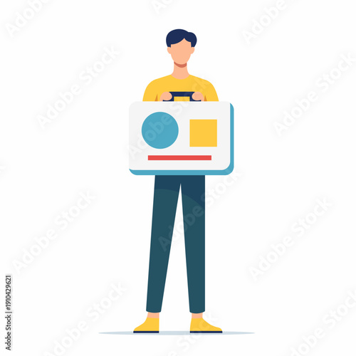 Minimal flat vector illustration of a person holding a stylized suitcase symbolizing identity, data, and personal profile. 