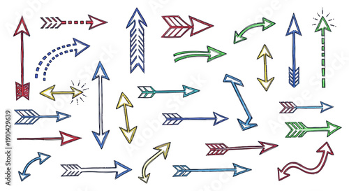 A diverse collection of hand-drawn arrows in various styles, colors, and directions, illustrating concepts of movement and guidance.