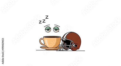 Coffee Cup with Football Helmet and Sleepy Eyes Minimal Flat Vector Illustration