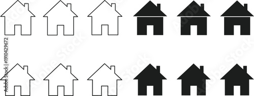 Row of house icons with solid black and outlined house symbols representing real estate market diversity property investment options housing choice and neighborhood development trends