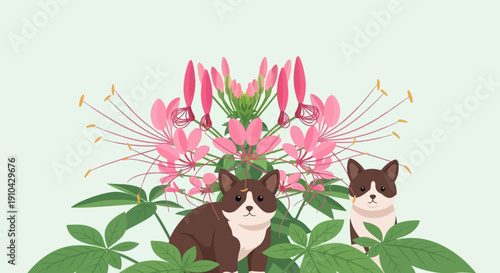 Adorable brown and white kittens peek from behind lush green leaves