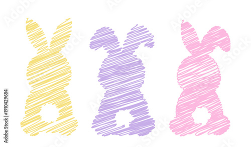 Set of Hand drawn doodle bunny vector illustration.
Pastel hand-drawn bunny with diagonal scribble effect.
Cute scribble style rabbit Easter icon. SVG.
