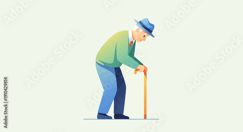 An elderly gentleman with a hat and cane walks with a slight stoop