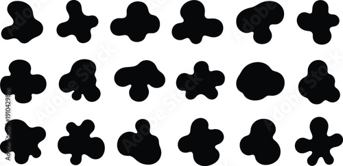 Set of Abstract Black Organic Blob Shapes Featuring Minimalist Liquid Fluid Silhouettes and Irregular Amoeba Forms for Creative Graphic Design Patterns and Modern Backgrounds