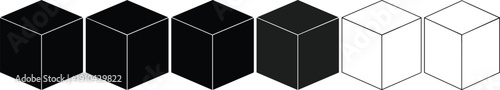 Row of three dimensional isometric cubes with solid black and white outline boxes representing blockchain technology progress tracking data loading and modular business structure